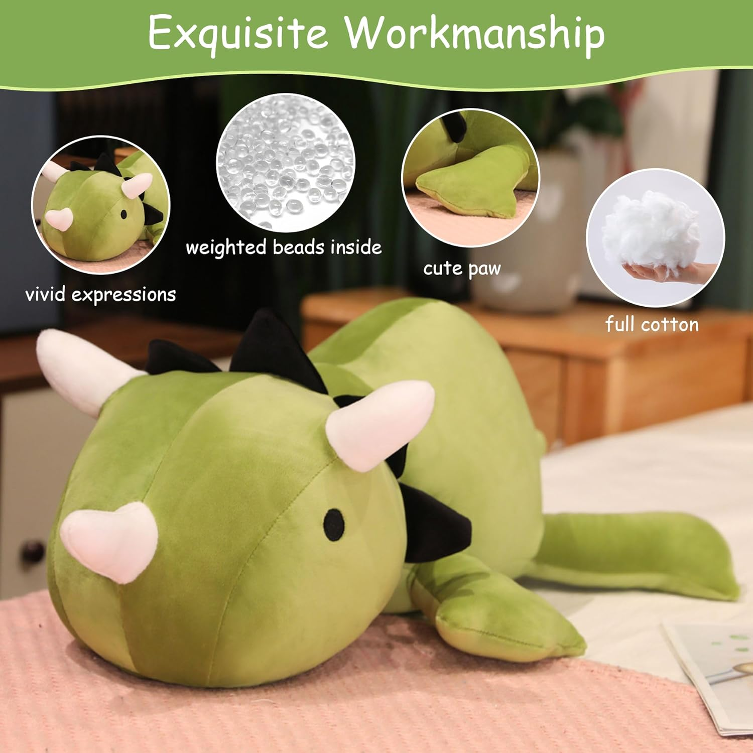 SQEQE Weighted Dinosaur Plush, Anxiety Stuffed Animals, Dinosaur Plushie Weighted Dino Throw Pillows for Kids Adults Green 13.8 Inch, 1.6 Lbs image number 4