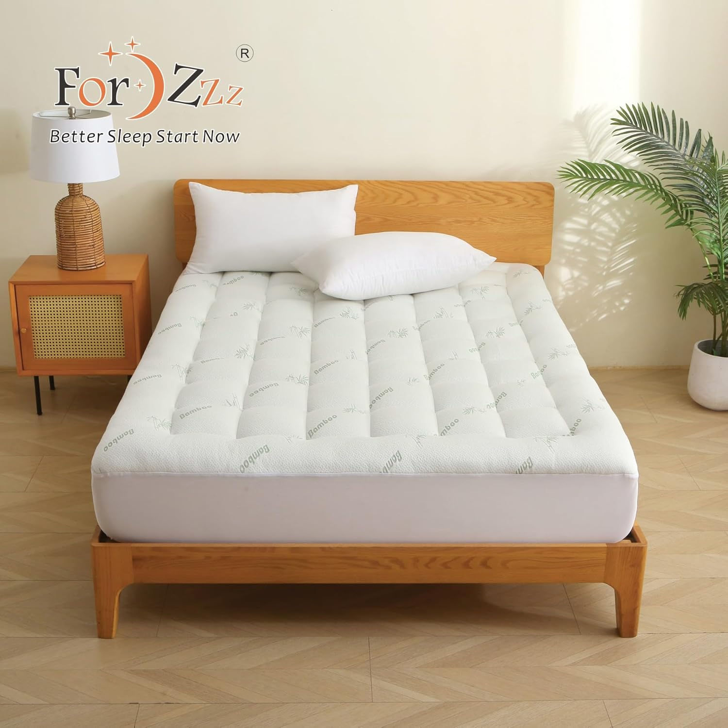 Bamboo Double Mattress Topper 1000GSM - Thick Cooling Breathable Pillow Top Mattress Pad for Back Pain Relief - Soft Fully Fitted Mattress Topper Cover with Deep Pocket up to 45CM (Double Size) image number 1