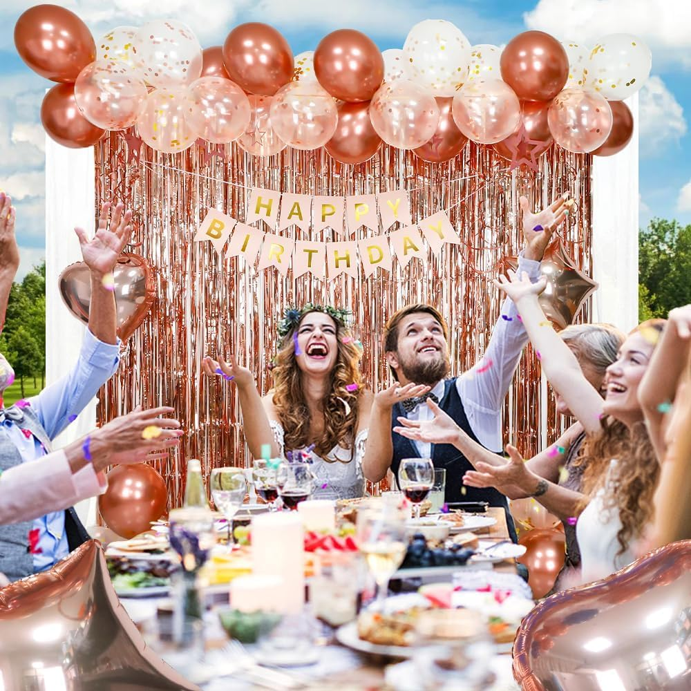 Happy Birthday Decorations for Women Rose Gold Birthday Decorations Happy Birthday Banner Fringe Curtain Butterfly Hanging Swirls Party Decorations for Girls Cupcake Toppers Foil Confetti Balloons - Blue Pink image number 5