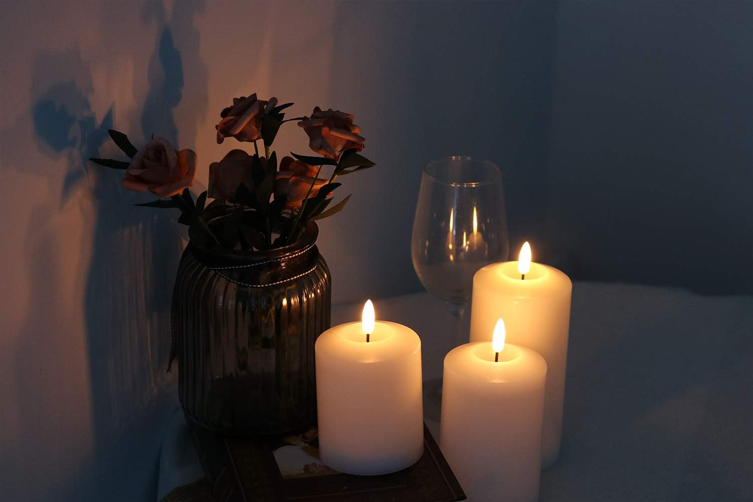 Genswin 3D Wick Flameless Flickering Candles Battery Operated with Remote Timer, Real Wax Pillar LED Votive Candles Warm Light, Set of 3 Party/Wedding/Home Decor(White, D3&rdquo; X H4.6&rdquo; 5.8&rdquo; 6.8&rdquo;)