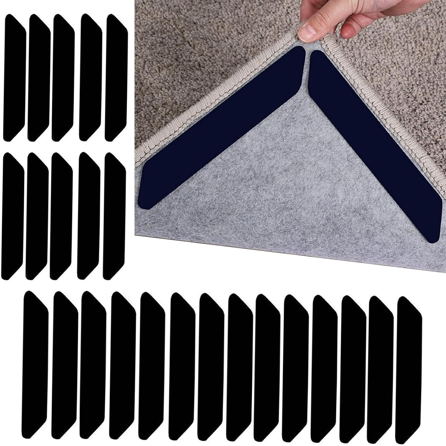 Rug-Grip, 24 Pcs Dual Sided Washable Removable Prevent Curling Corner Carpet Holder, Keep Rug in Place Non Slip Adhesive Rug Tape for Hardwood Floors and Tile image number 5