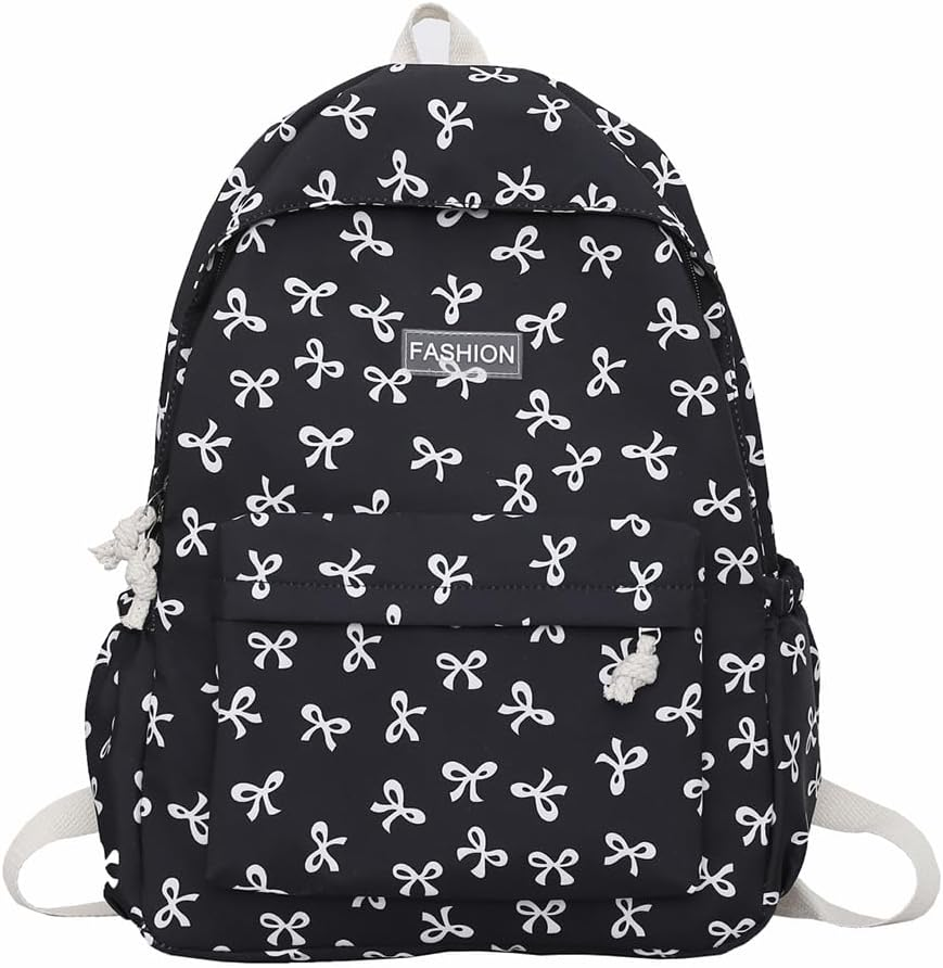 ALINUOYQ Cute Bows Backpack Coquette Aesthetic Backpack for Women Preppy Kawaii Backpack Nylon Laptop Bag Travel Backpack