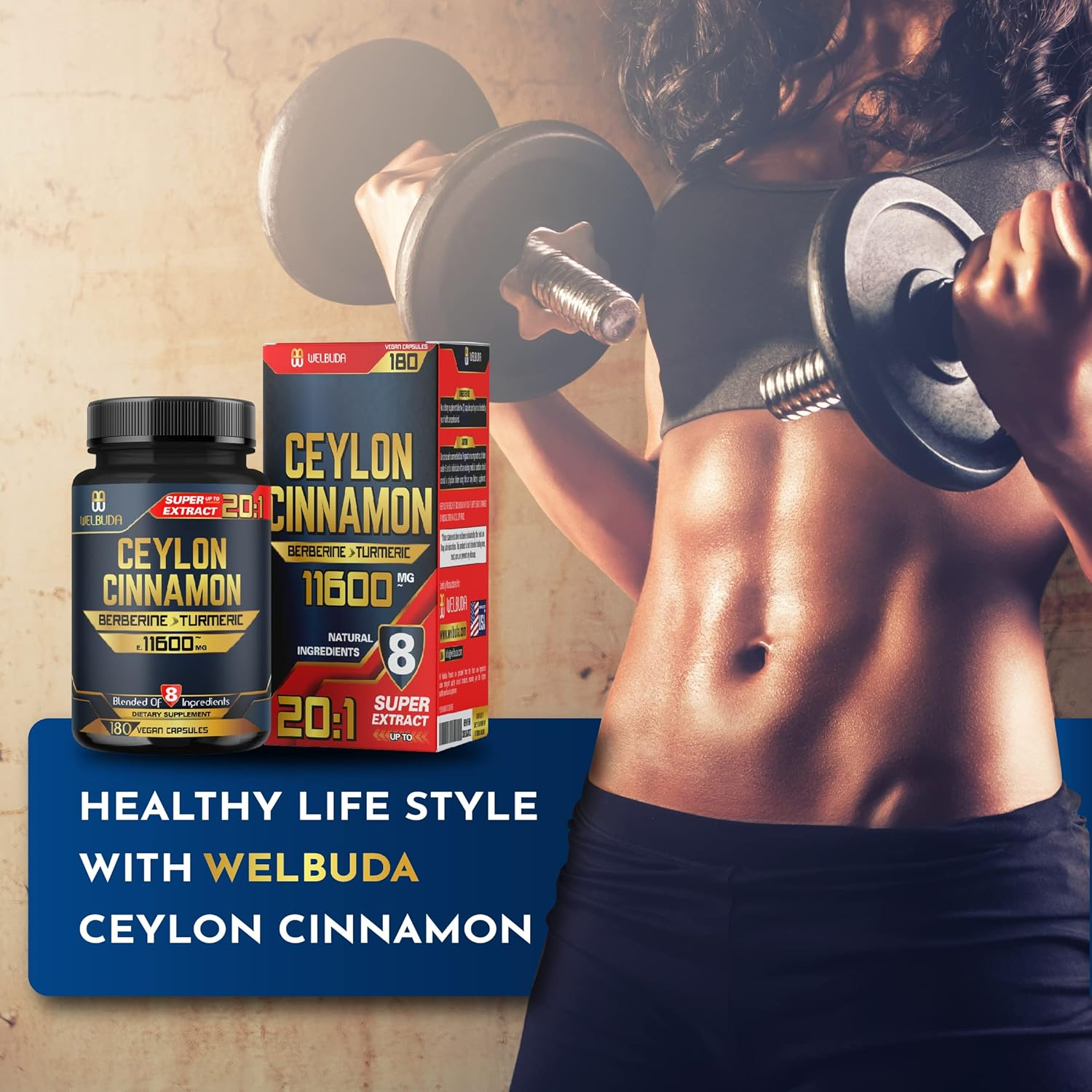 8In1 Ceylon Cinnamon Supplement Extract - 11600Mg Blended from Berberine, Turmeric, Ginger, Gymnema Sylvestre & More - 180 Capsules for 3-Month Supply - Heart Health, Brain, & Immune Support