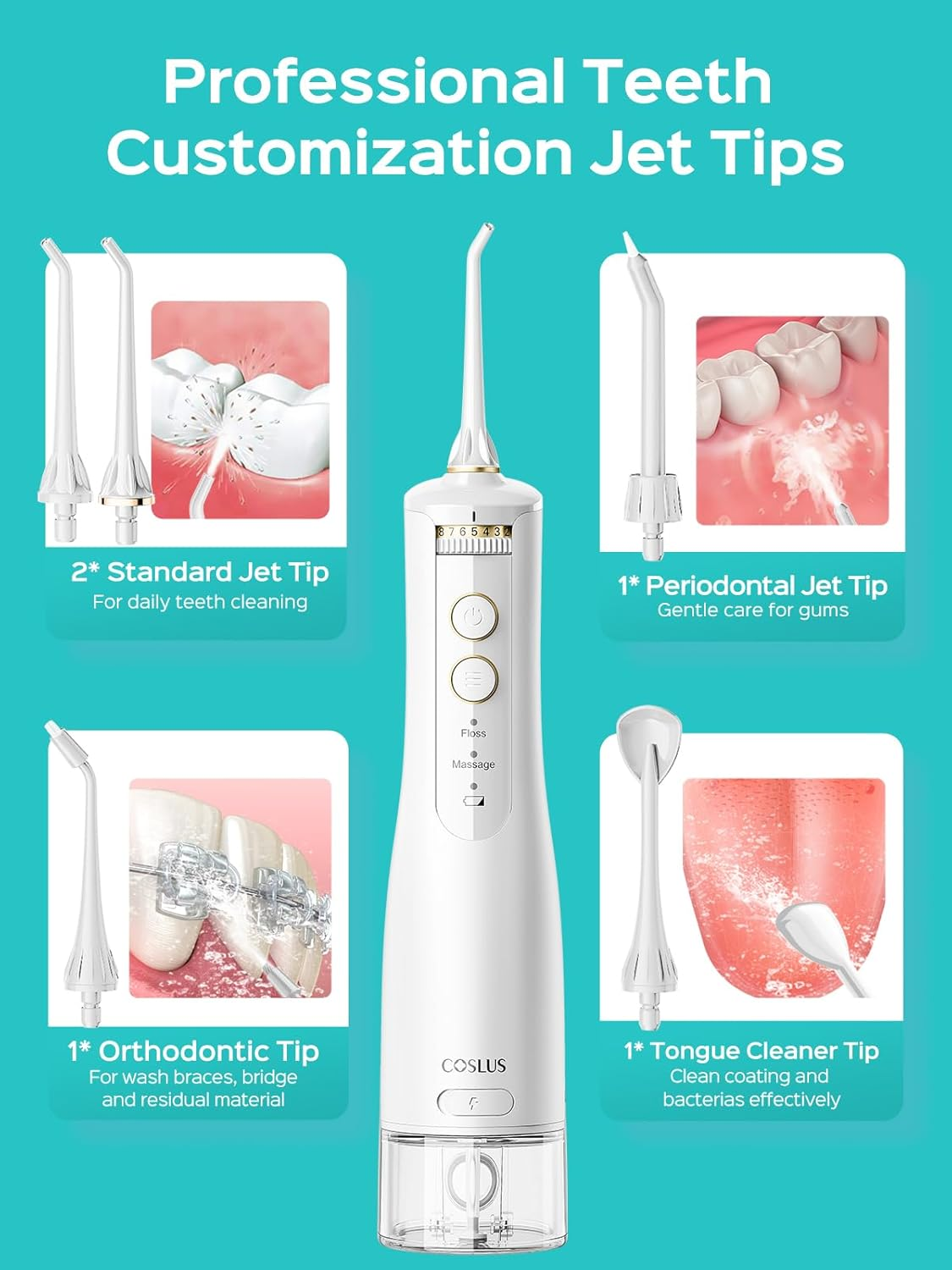 COSLUS Cordless Water Flosser for Teeth: 10 Pressure Settings Water Dental Pick for Orthodontic, Braces, Sensitive Gums, 5 Tips for Multiple Users, Rechargeable for Travel, Bpa-Free, White, E40(WFP14) image number 3