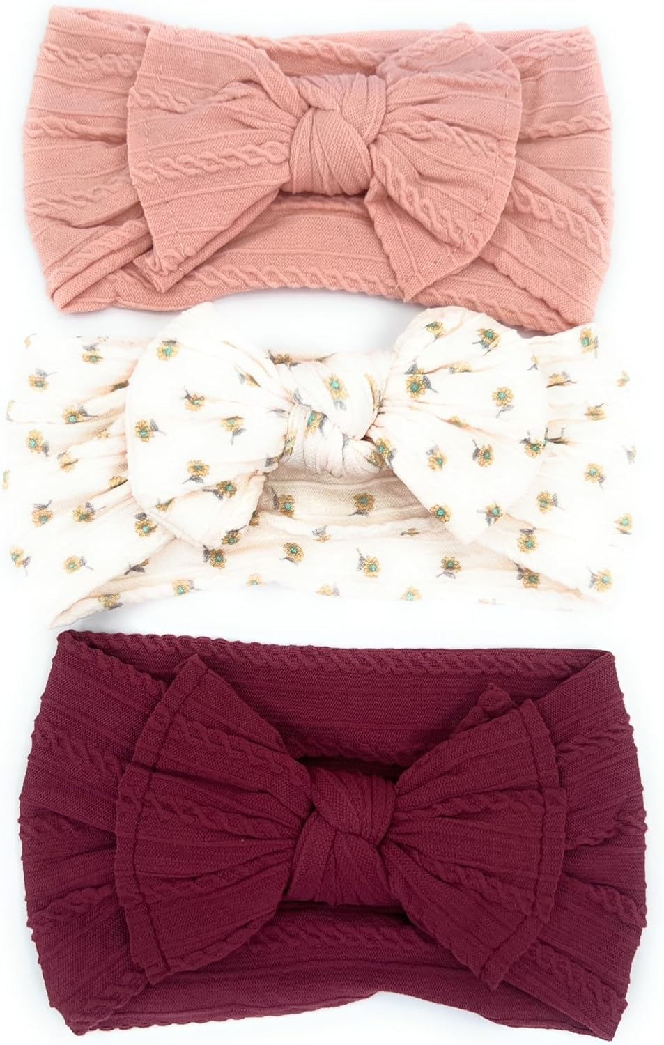 Baby Headbands Hairbands Hair Bow Elastics Handmade Hair Accessories for Baby Girls Newborn Infant Toddlers Kids. Comes in a 3-Pack, 4-Pack with Adorable Designs. Perfect for Everyday Wear, Birthdays, or Special Occasions. Floral Light Brown, Dark Square Pattern, White, (3 Pack) image number 2