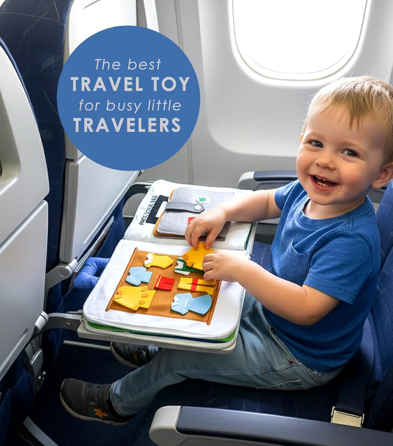 Curious Columbus Quiet Book for Toddlers. Away We Go Large Educational Preschool Fabric Montessori Activity Book with 10 Pages for Learning and Quiet Play, Airplane and Road Trip Travel Toy Essentials