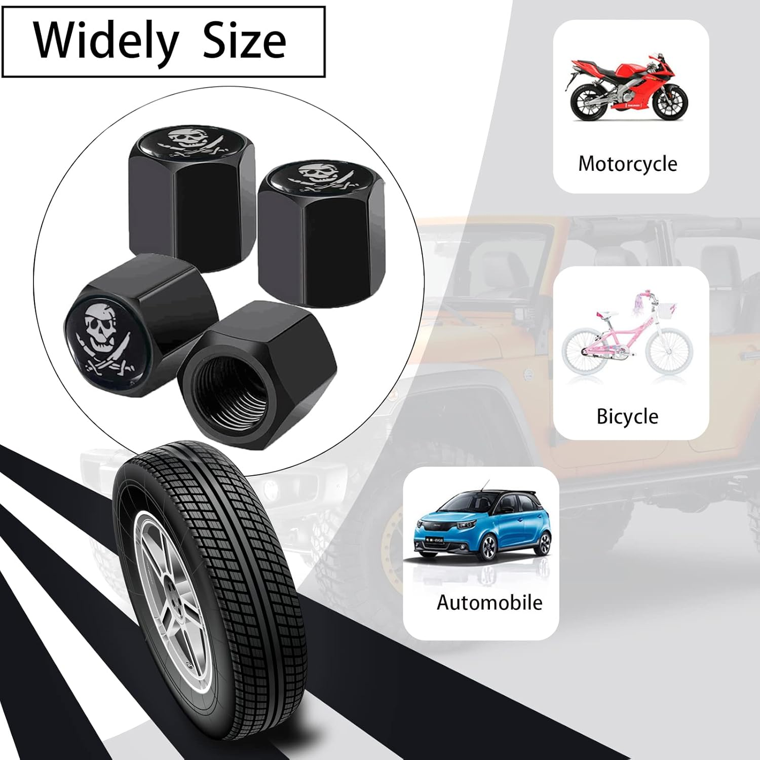 Ajxn 4 Pack Pirate Skull Tire Wheel Stem Caps with Rubber Ring Dustproof Seal Cover Hexagon Tyre Valve Cap Fits for Cars Suvs Trucks Bicycles Motorcycles