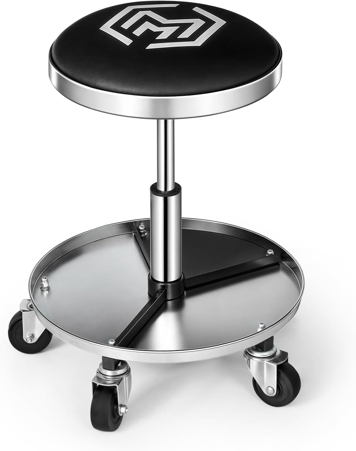 M-AUTO Pneumatic Rolling Mechanic Stool with Wheels 250-Pound Capacity Creeper, 18" to 23" Adjustable Height Mobile Garage Shop Seat with Detachable Tool Tray Storage, Black