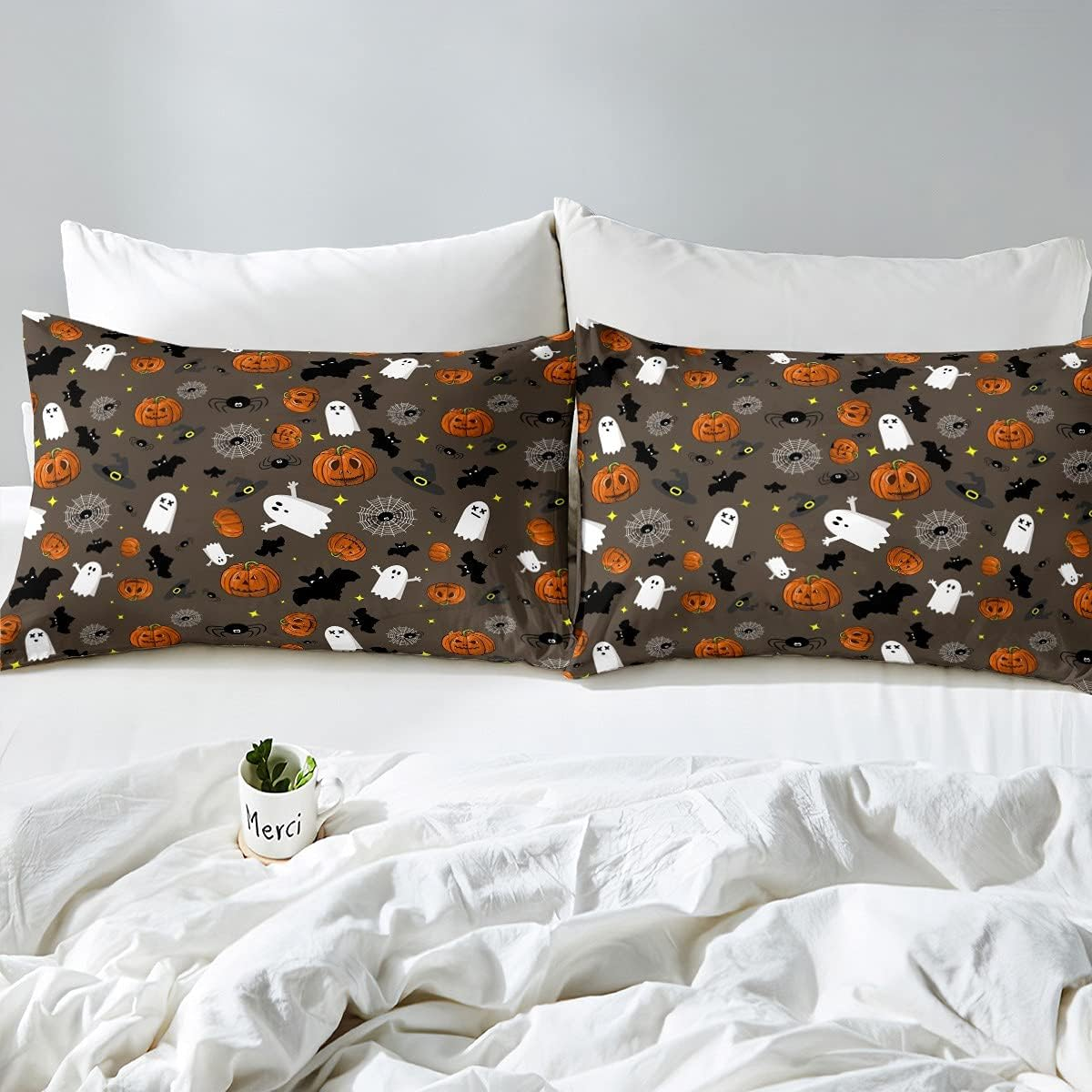 Loussiesd Boys Skull Duvet Cover Pumpkin Lantern Bedding Set for Kids Teens Halloween Horror Ghosts Bats Decor Brown Quilt with 2 Pillowcases 3Pcs Bedding Double Boys