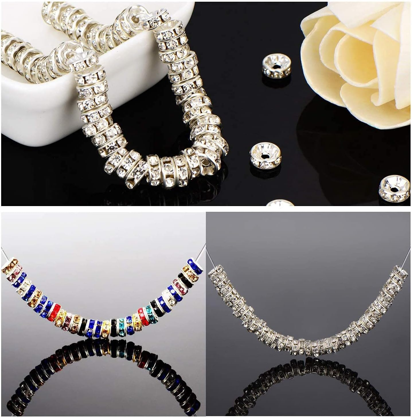 Allb 100Pcs Rondelle Spacer Beads 8Mm Silver Plated Czech Crystal Rhinestone for Jewelry Making Loose Beads for Bracelets image number 4