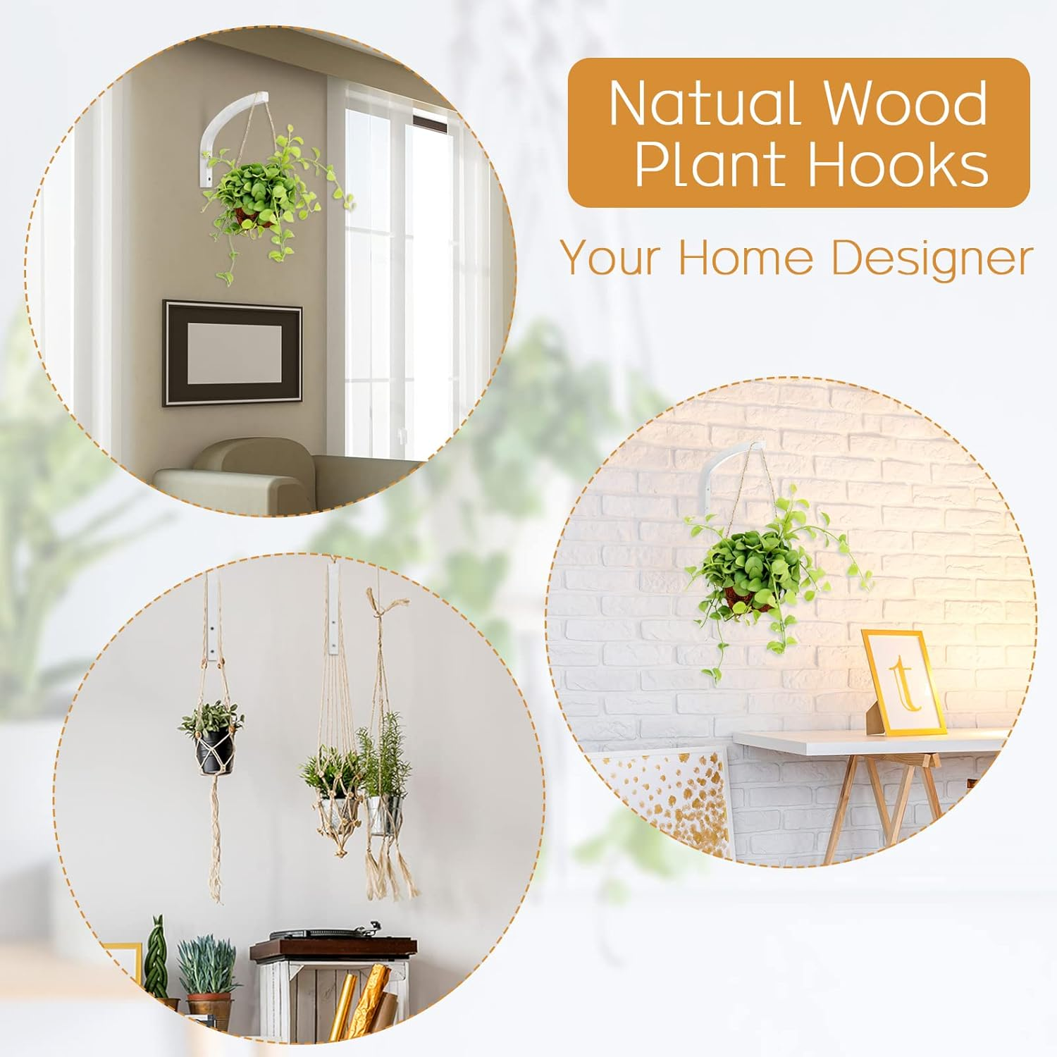 Juexica 4 Pcs Plant Hanger Wooden, 8 Inch Hanging Plant Hooks for Indoors and Outdoor, Wall Mounted Hanging Hook Brackets for Planters Lanterns Wind Chimes and Bird Feeders Patio Decor(White) image number 3