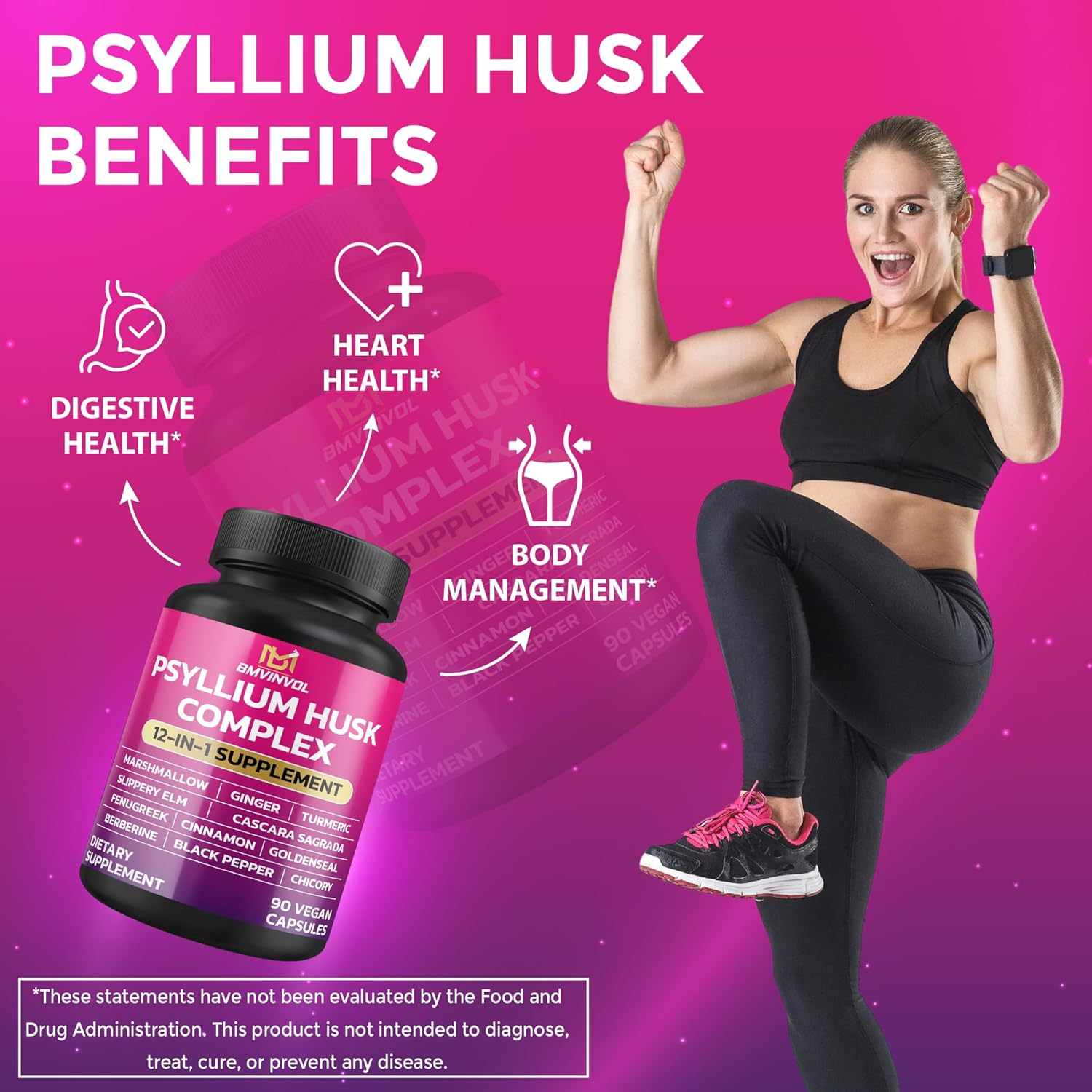 BMVINVOL Psyllium Husk, Slippery Elm, Cascara Sagrada, Fenugreek, Berberine, Cinnamon, Turmeric + 5 Mores - Immune Support & Digestive Health Supplement - 90 Capsules image number 1