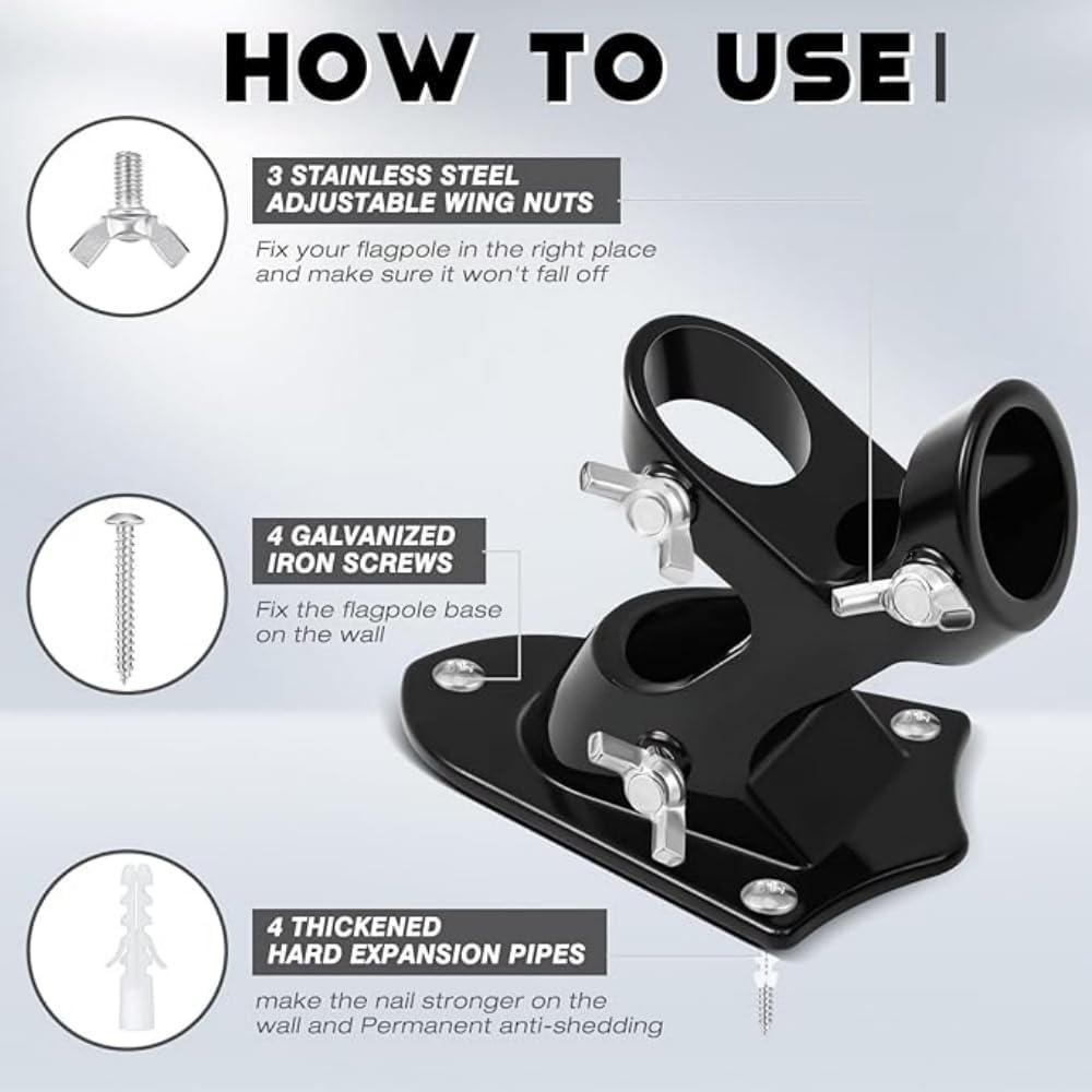 Flag Pole Holder, outside House Flag Pole Bracket, Heavy Duty Metal Flag Mount, Aluminum Alloy Mounting Brackets, Outdoor Flag Holder- Strong Rust Free (Black-1 Pack) image number 6