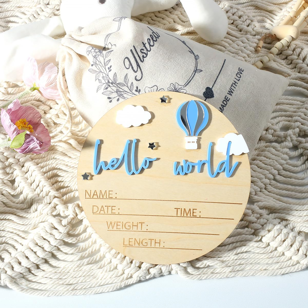 Ylsteed Baby Announcement Sign - Wooden Hello World Newborn Signs for Boy and Girl, Baby Birth and Shower, Hospital Nursery Decor