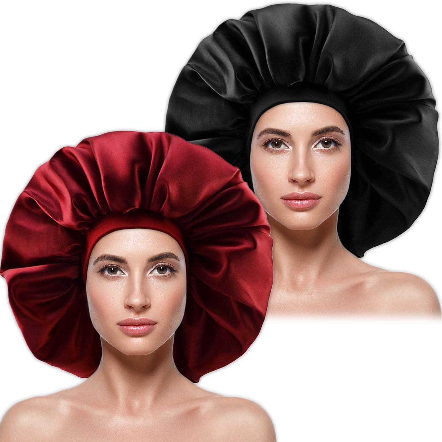 Large Silky Satin Bonnet Shower Cap for Women, Sleeping Cap with Wide Elastic Band, Soft Satin Night Hat Hair Wrap for Curly Natural Long Hair, Big Satin Head Cover for Sleep (Black+Red)