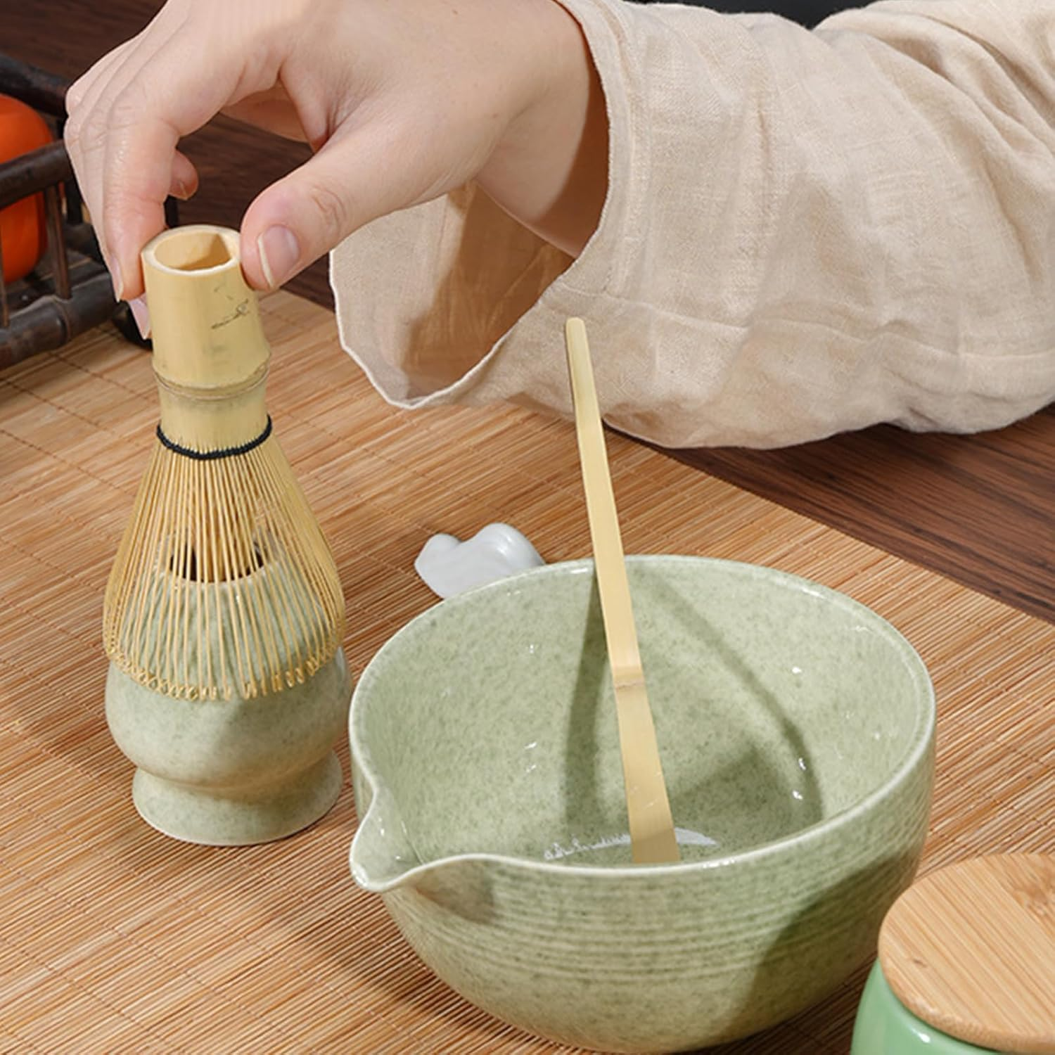 4Pcs Matcha Whisk Set -Great Matcha Bowl and Bamboo Matcha Whisk, Scoop, Spoon, Sifter, Whisk Holder, Perfect Matcha Set for Matcha Tea Ceremony (Green Spot) image number 1