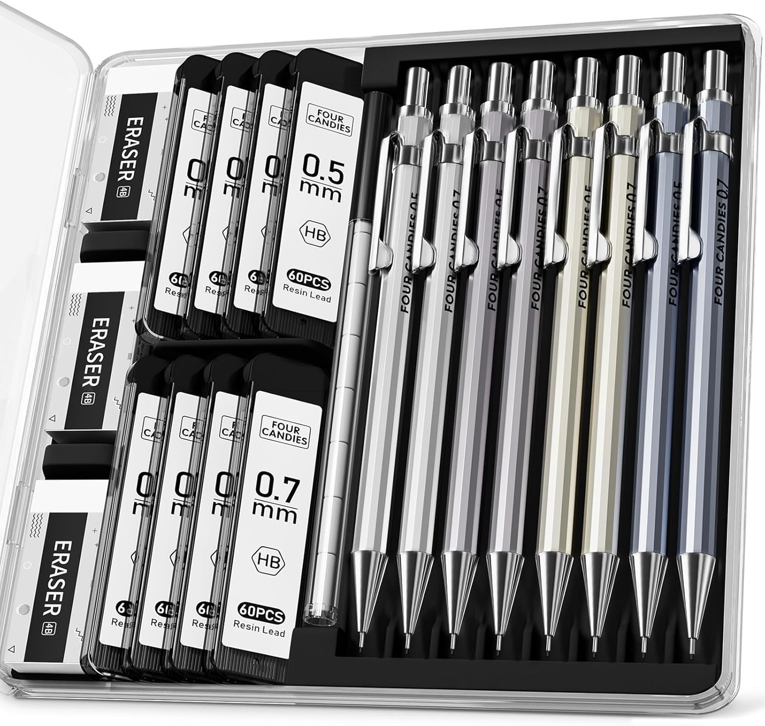 Four Candies 8PCS Metal Mechanical Pencils - 0.5 & 0.7Mm with 8 Tubes HB #2 Lead Refills, Eraser Set and Eraser Refills, 20-Count Pack with Case, Lead Pencils Mechanical for Writing, Drawing, Drafting