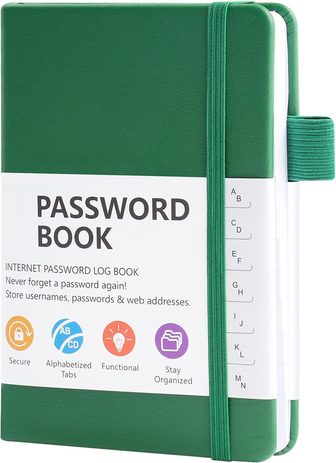 JUNART A6 Password Book,Internet Password Log Book with Alphabetical Tabs, Hardcover Address Book with Elastic Pen Loop(Green)