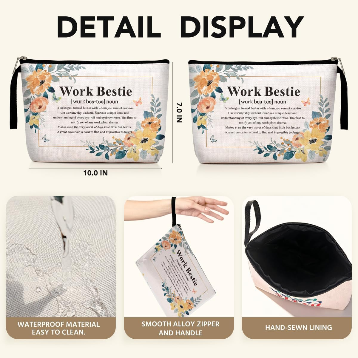 Funny Work Bestie Noun Makeup Bag Thank You Retirement Gifts BFF Gifts Friendship Gifts for Women Friends Coworker Colleague Cosmetic Bag Zipper Pouch Bag Travel Bag for Birthday Christmas, Beige0426, 9.5X6.3X1.6 Inches