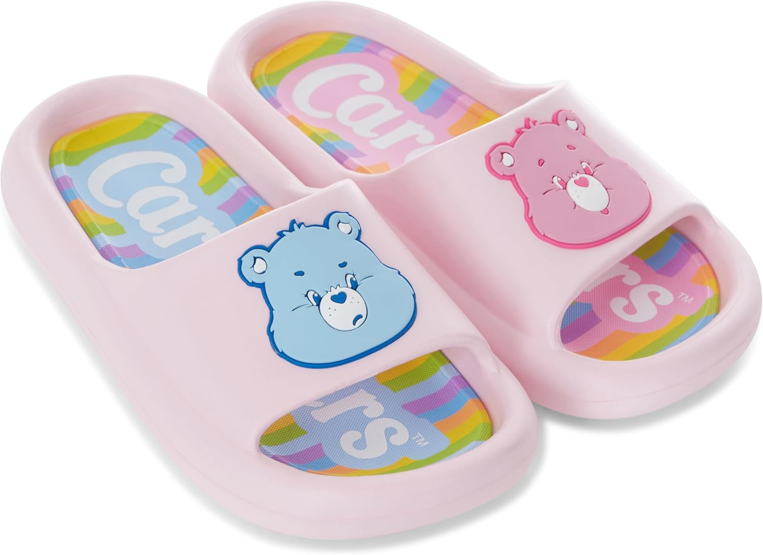 Care Bears Ladies Comfort Slides - Ladies Classic Comfort Foam Slide Sandals - Cheer Friend Funshine Good Luck Slip on Slides