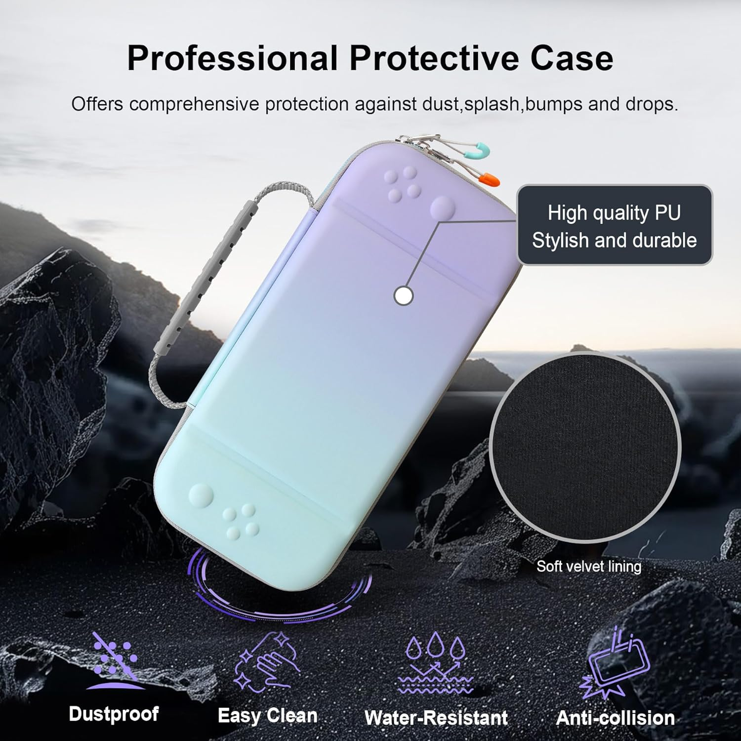 RAIALL Carrying Case for Nintendo Switch 2 (2025), Large Capacity Protective Hard Shell Portable Travel Case Pouch, with 24 Game Card Slots and Pockets for Console &Accessories, Purple-Blue-Gradient - Pink-Green-Gradient image number 7