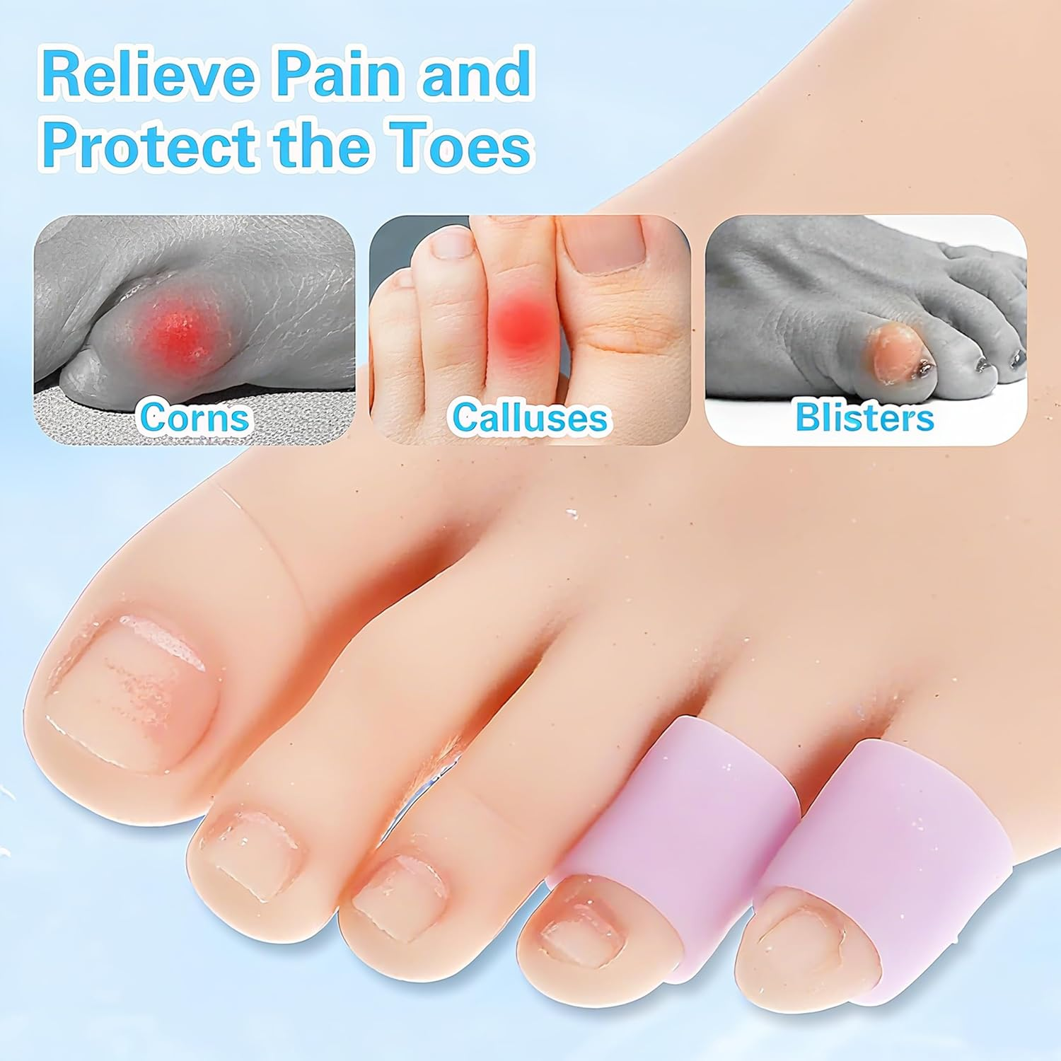 24PCS Silicone Toe Protector Sleeves, Betterjonny 4 Size Soft Gel Corn Toe Cushion Tubes Pads for Women Men Blisters, Bunion, Hammertoes, Calluses, Toenails Loss, Pain Relief (White, Clear, Purple) image number 4