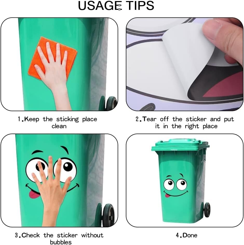 Leanockesa 10Sheets Bin Stickers Adhesive Cartoon Expressions Dustbin Sticker Decorative Wall Stickers Eyes and Mouth DIY Large Decal for Fridge Bins Wall, Indoor Outdoor(6Pc Expressions + 4Pc Logo) image number 5