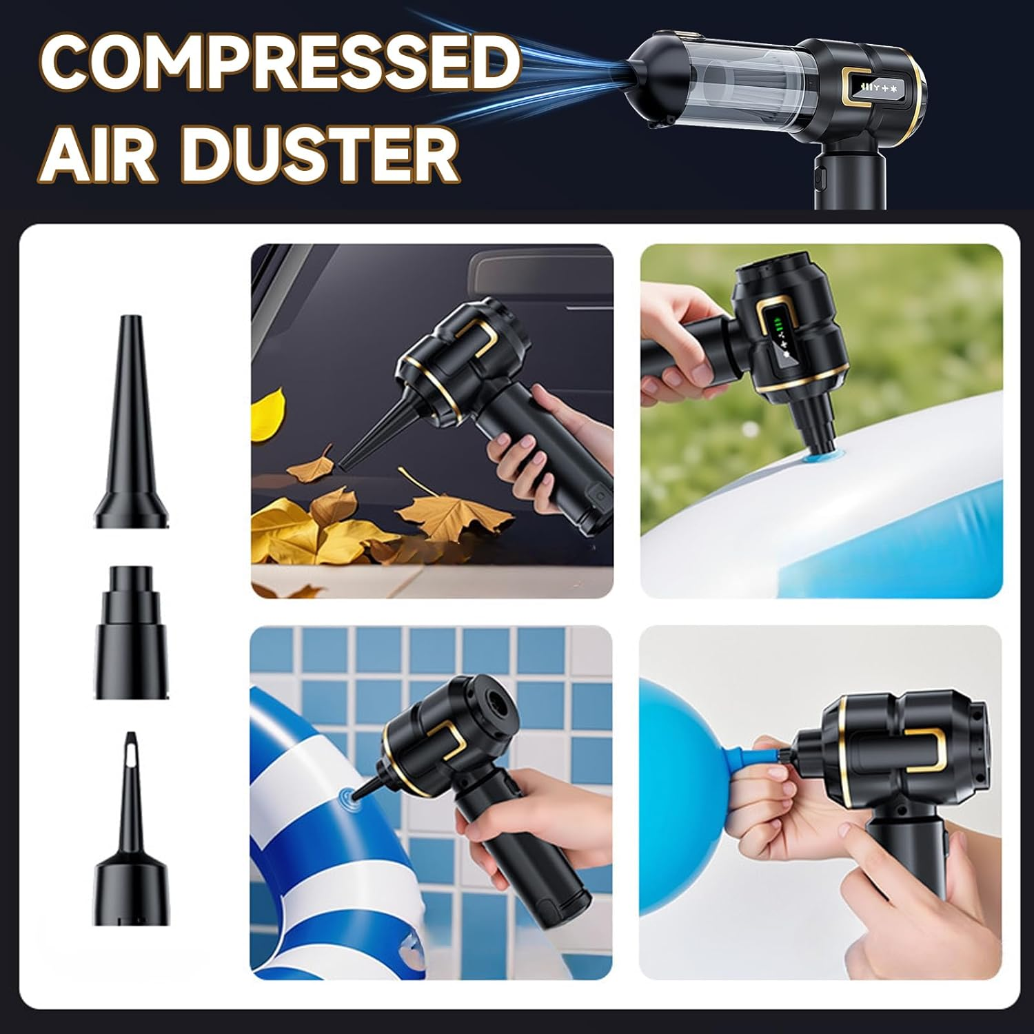 Car Vacuum Cleaner Cordless with Battery Display, 23000PA Mini Handheld Vacuum Cleaner, 4-In-1 Compressed Air Duster & Air Blower & Pump Hand Held Vacuum with Brushless Motor for Car, Home, Office image number 4