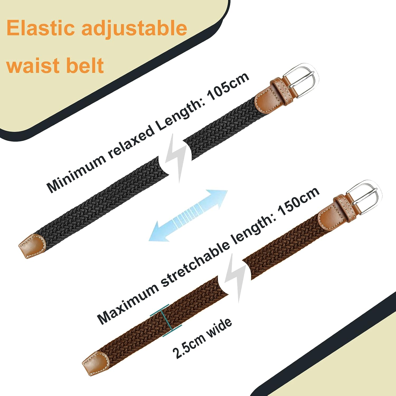 SWAUSWAUK Belts for Women X 2 Pcs - Ladies Belts for Jeans & Pants Elasticated Elastic Belt Women - Black+Brown image number 4