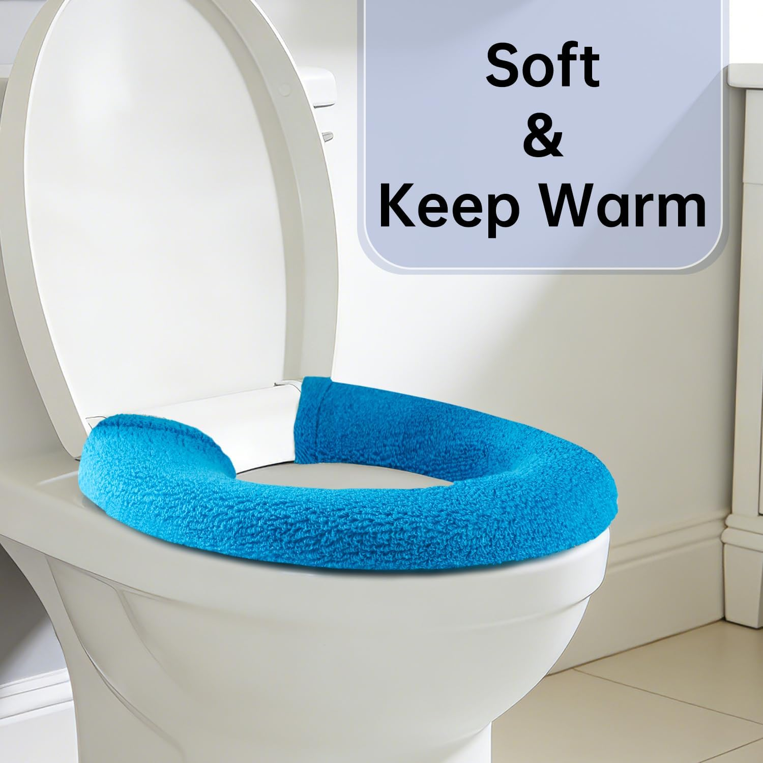 Toilet Seat Cover,Bathroom Soft Thicker Warmer with Snaps Fixed Stretchable Washable Fiber Cloth Toilet Seat Covers Pads Easy Installation& Cleaning (Sky Blue) (MTD21A) image number 3