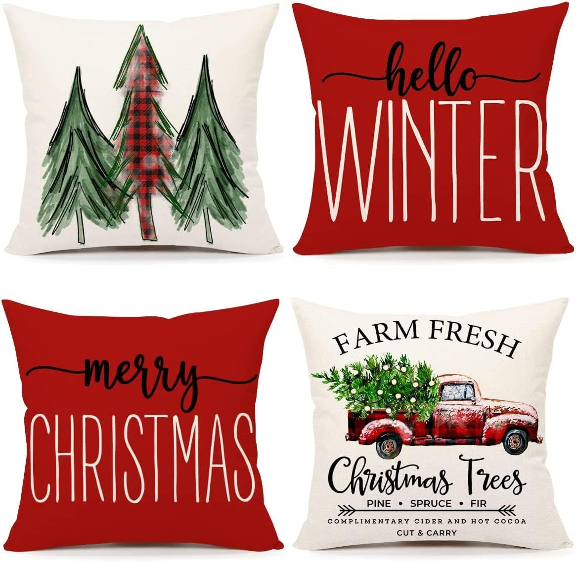 ALINK Christmas Pillow Covers 18X18 Set of 4 Farmhouse Christmas Decorations Merry Christmas Tree Truck Hello Winter Holiday Decor Throw Cushion Cases for Home Couch (Red) image number 5
