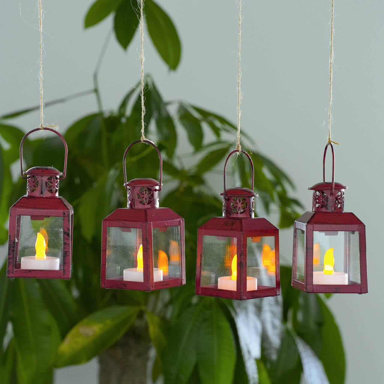 TRIROCKS Pack of 6 Small Metal Candle Lanterns Vintage Hanging Tea Light Holders Decorative Candle Holders for Table Valentine'S Day Patio Indoor Outdoor Gifts (Red) image number 3