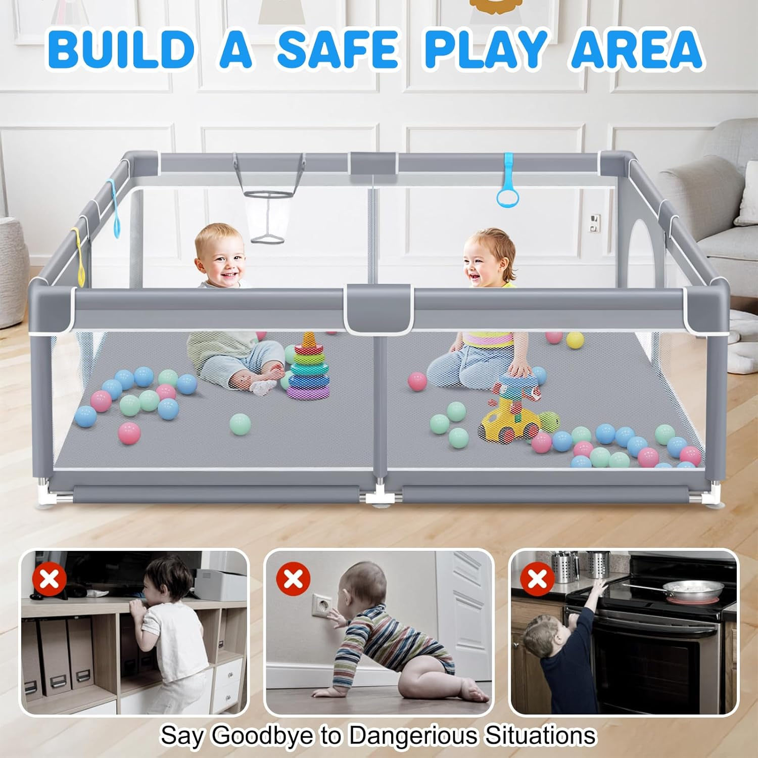 Extra Large Baby Playpen, Mankami 200 * 180Cm Baby Play Pen Yard for Babies and Toddlers Safety Baby Fence with Breathable Mesh Indoor & Outdoor Kids Activity Play Center image number 5