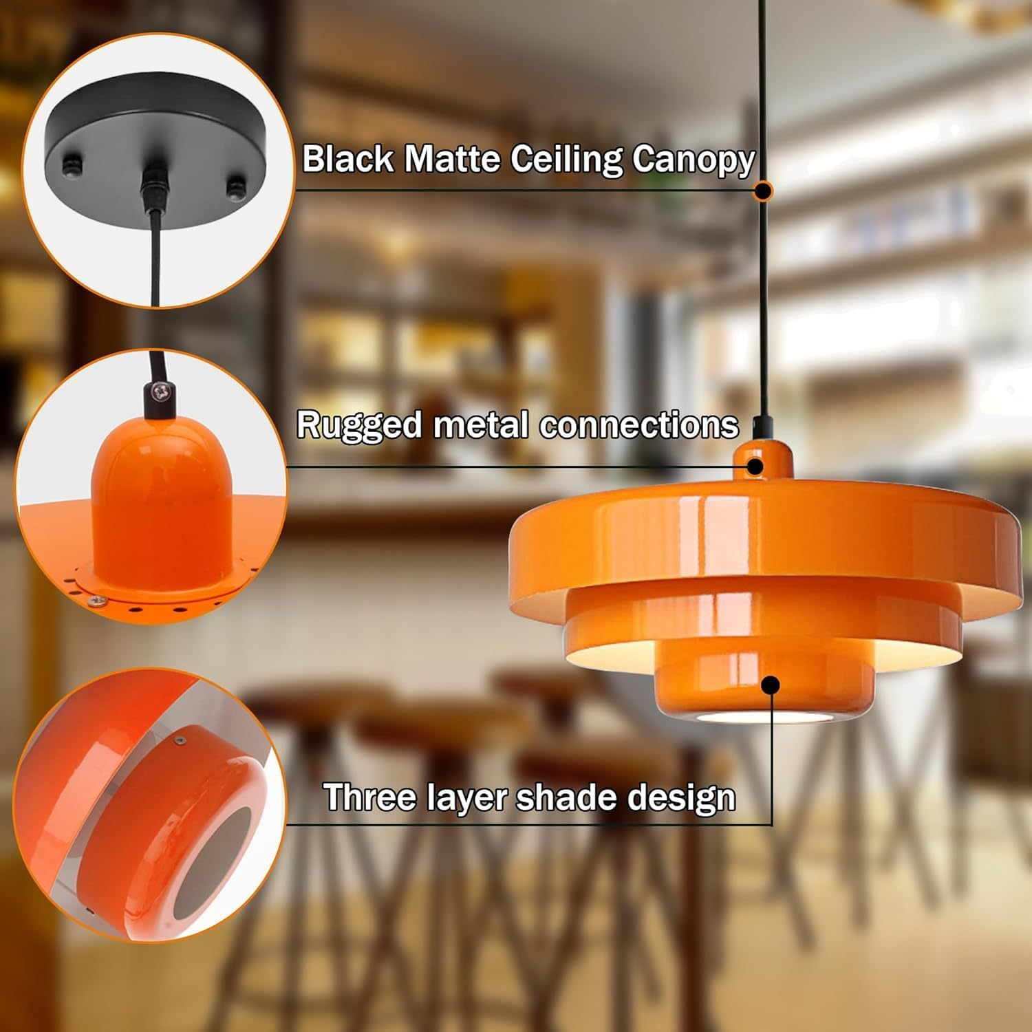 Mid Century Pendant Light Fixtures Orange Ceiling Pendant Lighting 3-Layer Metal Shade Design Vintage Hanging Light Flush Mount Light for Kitchen Island Dining Table Hallway (Orange) image number 4