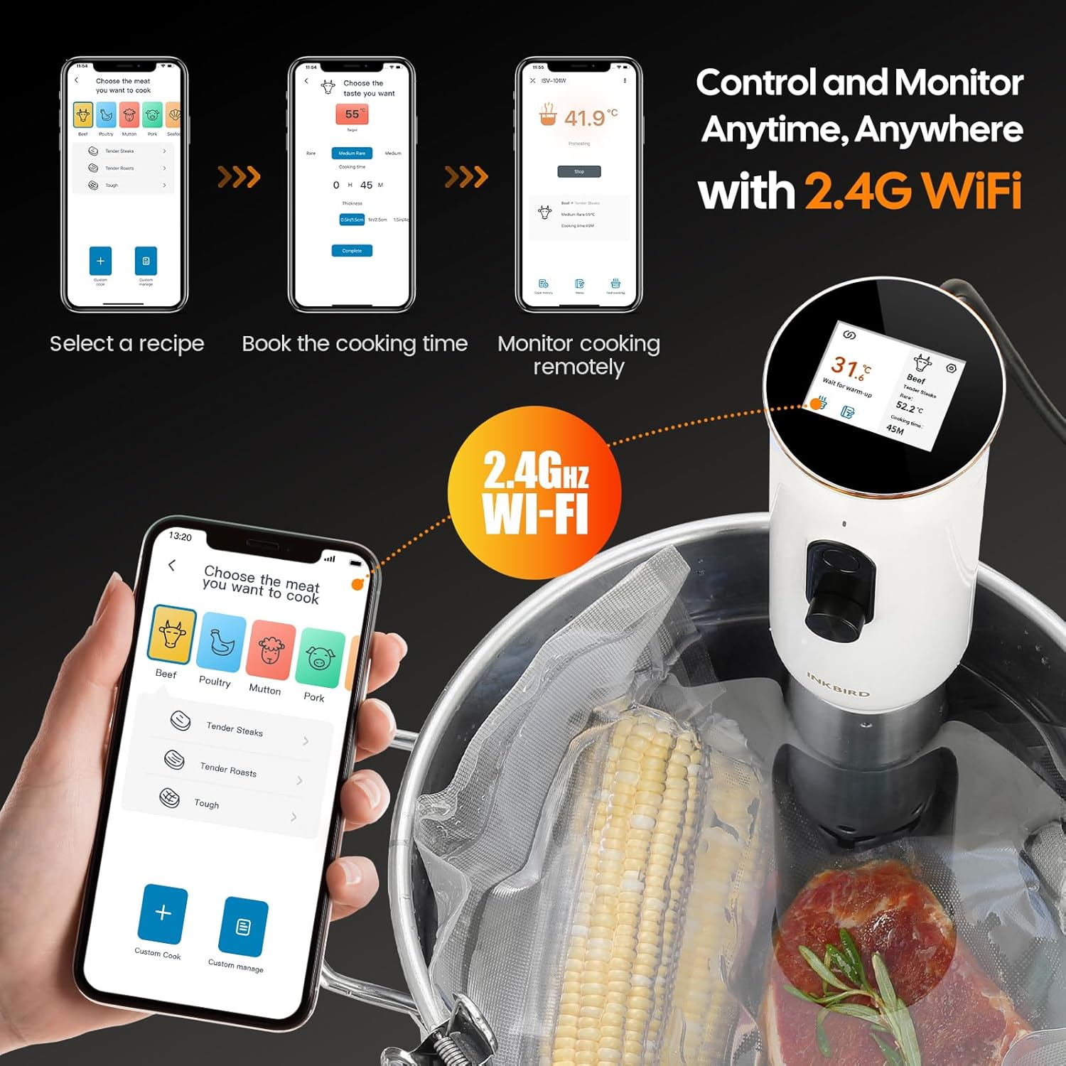 INKBIRD Wifi Slow Cooker Sous Vide Machine ISV-101W, 1000 Watts Sous Vide Cooker, 3D Water Circulation Heating with App Preset Menus, Cooking Booking Function, Cooking Completion Pre-Alarm image number 3