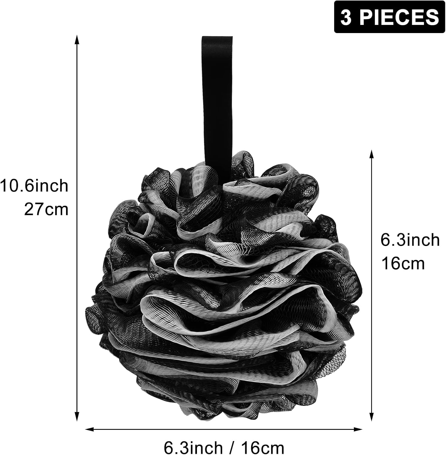 Loofah Charcoal Bath Shower Sponge Body Scrubber,75G XL Exfoliate Mesh Pouf Shower Bouquet,3 Pack Black Large Bath Sponge for Women and Men image number 2