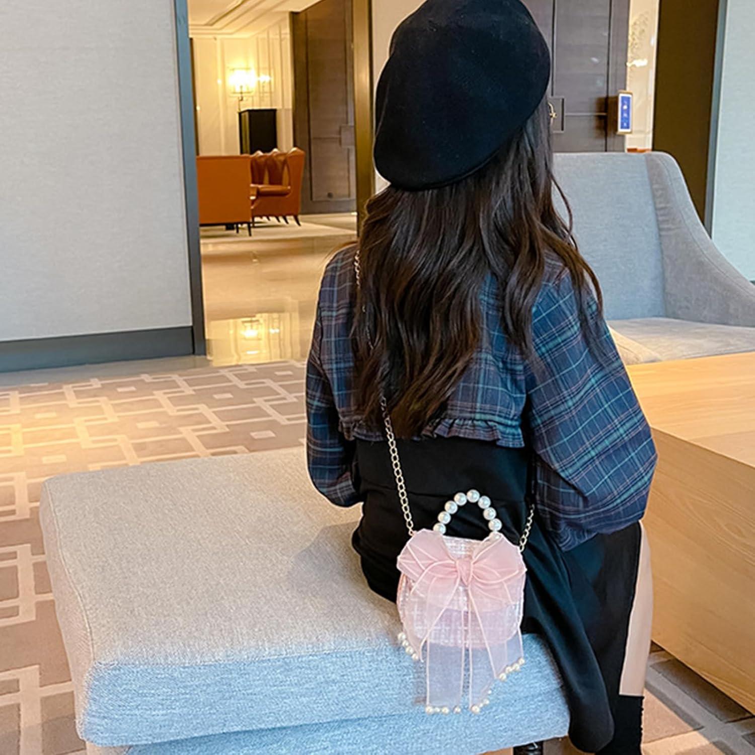 Mezchi 2 Pack Kids Purse for Little Girls, Mini Toddler Crossbody Purse with Bowknot, Cute Fashion Princess Handbags with Pearl Handle, Detachable Gold Chain, Pink, Beige