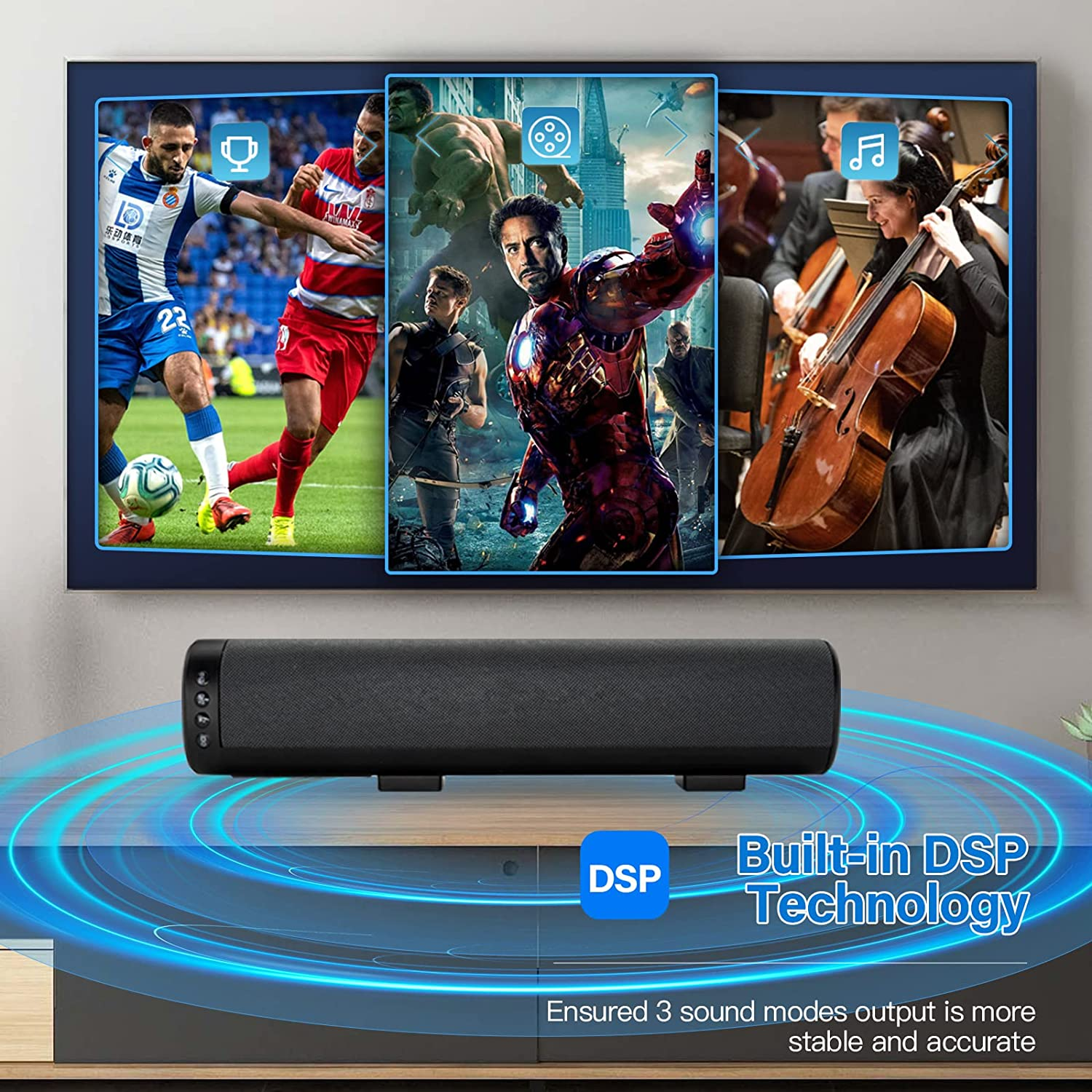 Mini Sound Bar for TV, 16 Inch Bluetooth Speakers, 50W Home Audio Speaker with Bass & Surround Sound with Subwoofer PC Desktop Soundbar and Speaker Bar with Aux/Hdmi/Optical/Usb-Wall Mountable-3Eqs