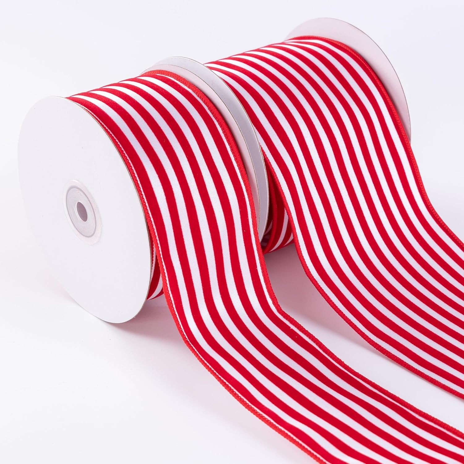 Red Velvet Striped 2.5Inch Wide*10Yards Red Velvet Striped Wired Ribbon and White Satin for Christmas Tree,Holiday,Garland,Gifts,Wrapping,Wreaths,Bows(2.5" Stripe) image number 6
