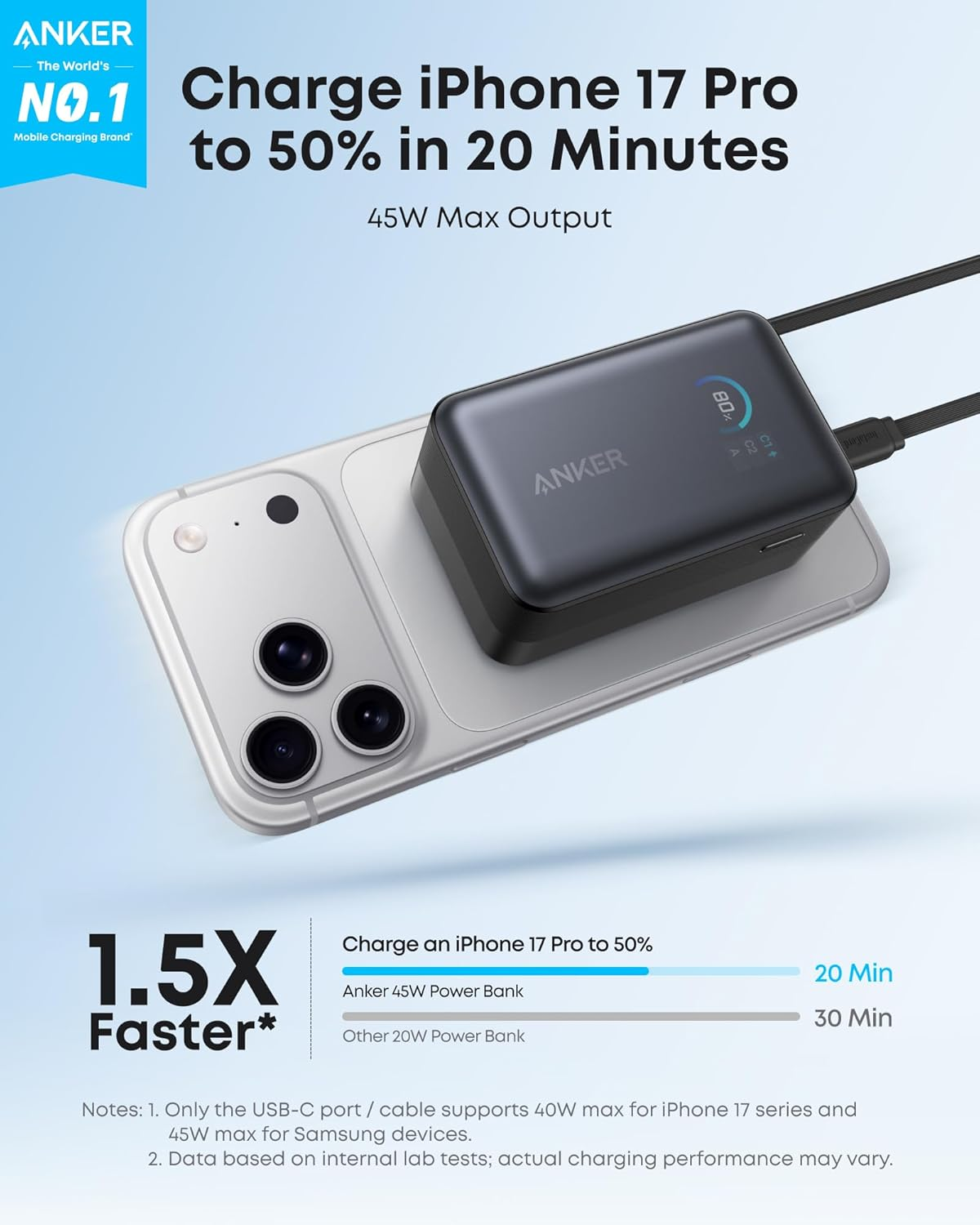 Anker Nano Power Bank, 10,000Mah Portable Charger with 2.3 Ft Instacord Retractable Cable, 45W Max Compact Battery Pack, Smart Display, for Iphone 17 Series, Ipad, Galaxy, Pixel, and More image number 6