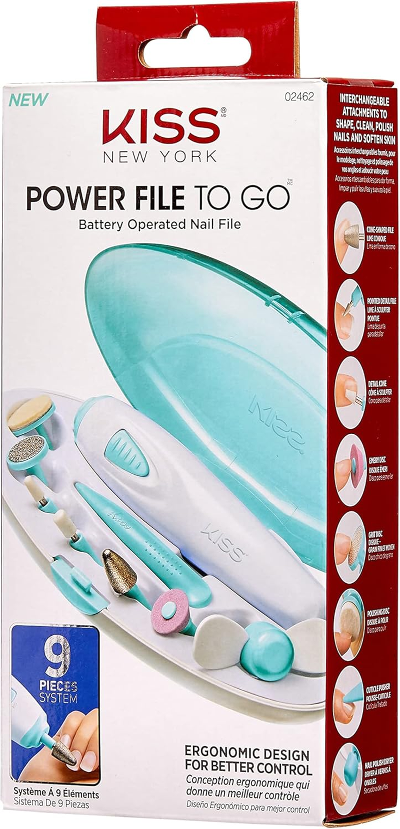 KISS Power File to Go Battery Powered Mani/Pedi Tool Professional Nail Care with 8 Attachments & Storage Case, Shape, Clean, and Polish Nails