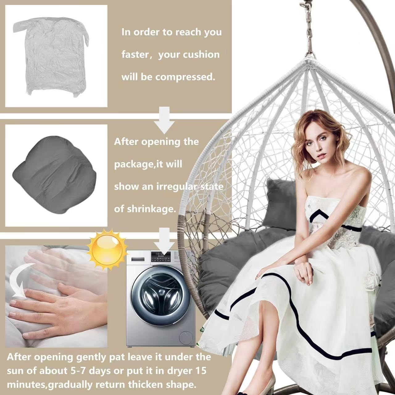 Hanging Egg Chair Cushion 44"X44", Egg Chair Cushion Replacement Outdoor, round Thick Cushion for Swing Chairs, Washable Hammock Chair Cushion Cover, Patio Furniture Cushions Beige (Black, 44Inx44In) image number 2