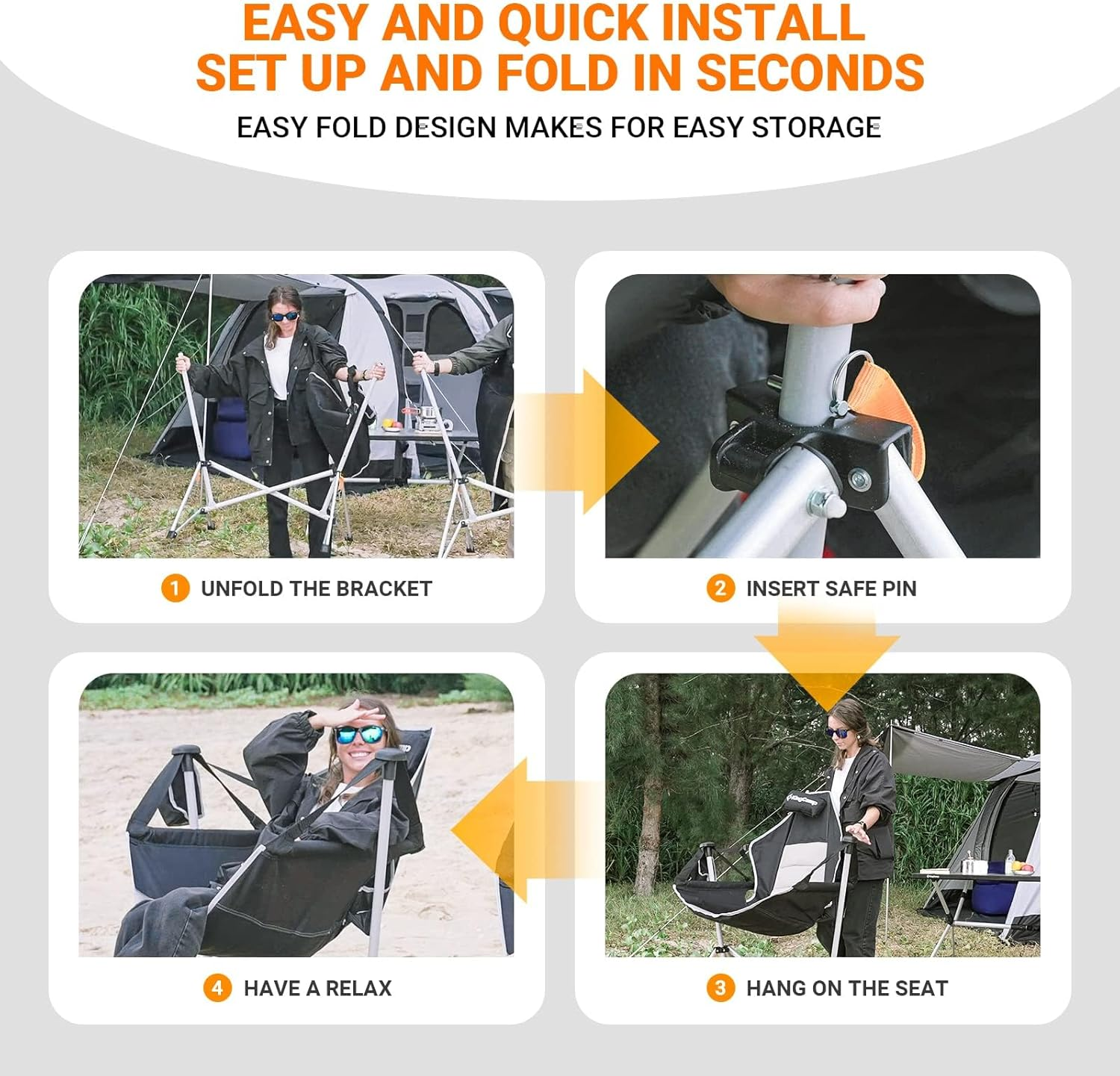 Kingcamp Hammock Camping Chair Swinging Rocking Recliner Chair for Backyard Lawn Beach Camp outside Indoor Adults Portable Lounger Folding Chair Hold up to 300Lbs with Carrying Bag (Black/Grey) image number 5