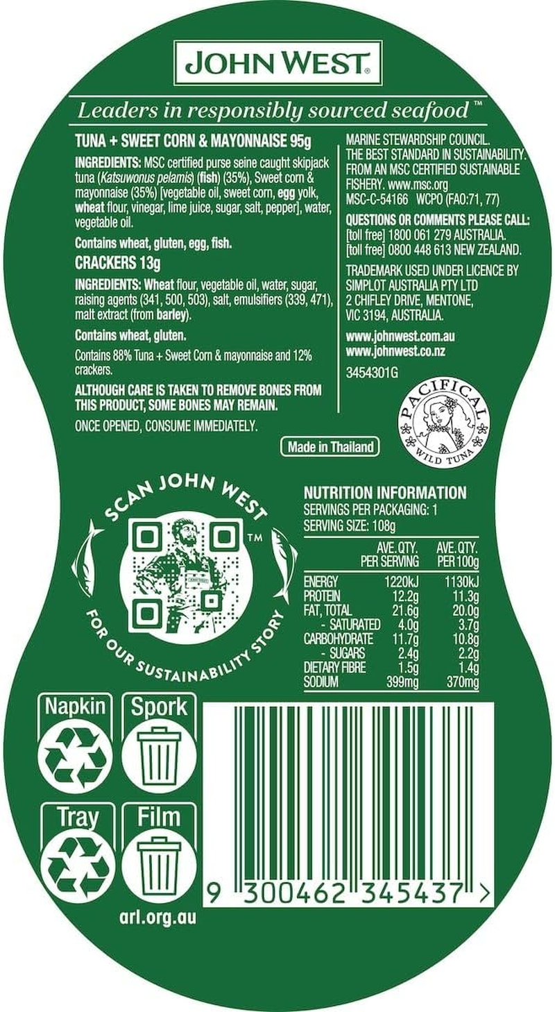 John West Tuna with Sweetcorn in Mayonnaise & Crackers Lunch Kit 108 G, 8 Pack