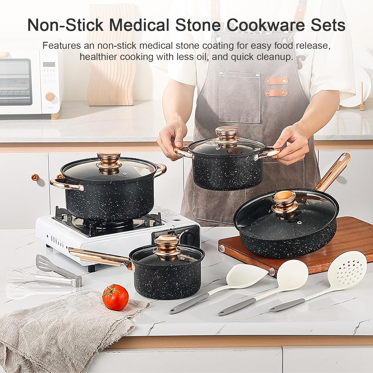 Pots and Pans Set Nonstick, 12 Piece Cookware Sets, Medical Stone Induction Cookware, Non Stick Kitchen Cooking Set for All Stove Tops (PFAS, PFOS, PFOA Free) image number 2