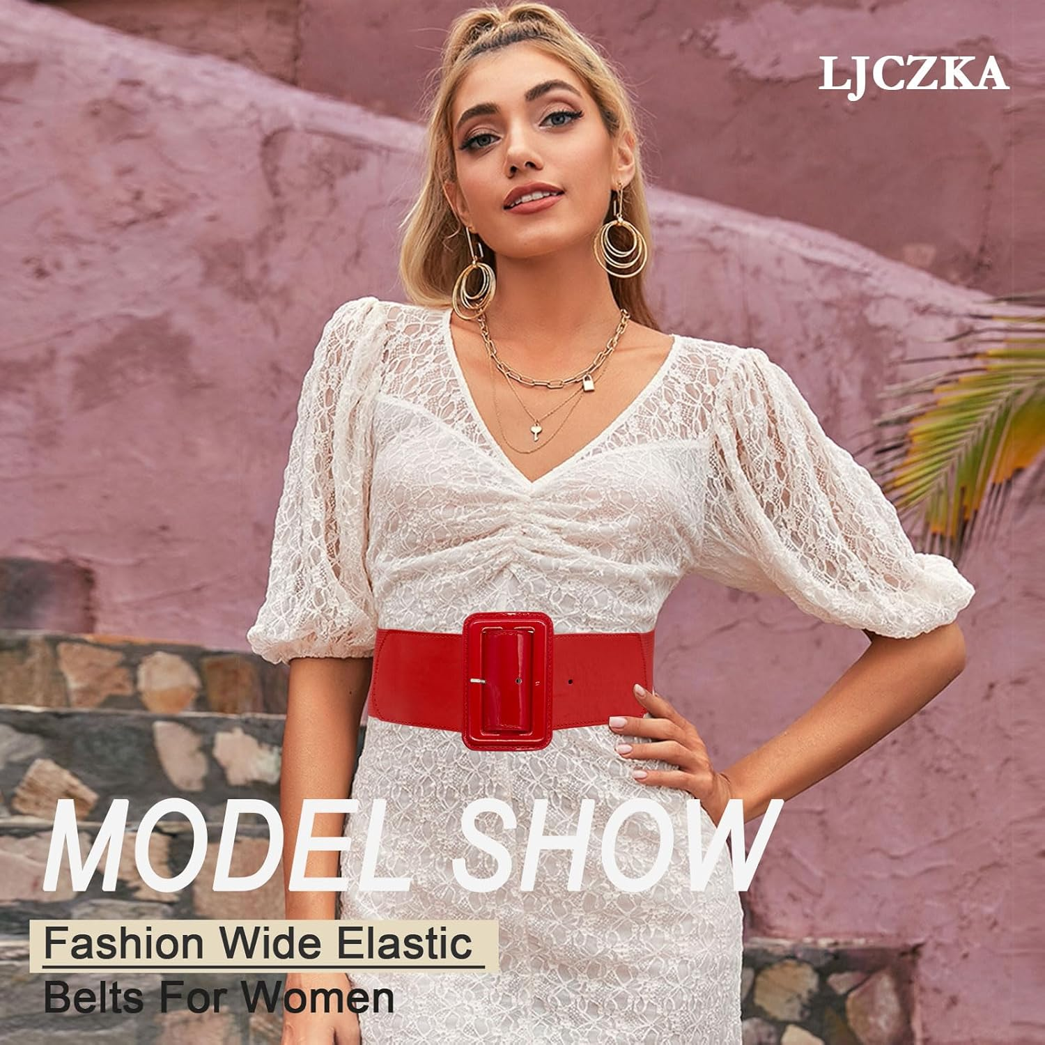 LJCZKA Women Wide Stretchy Belt Adjustable Vintage Elastic Waist Belt for Dresses with Square Buckle - Red image number 4