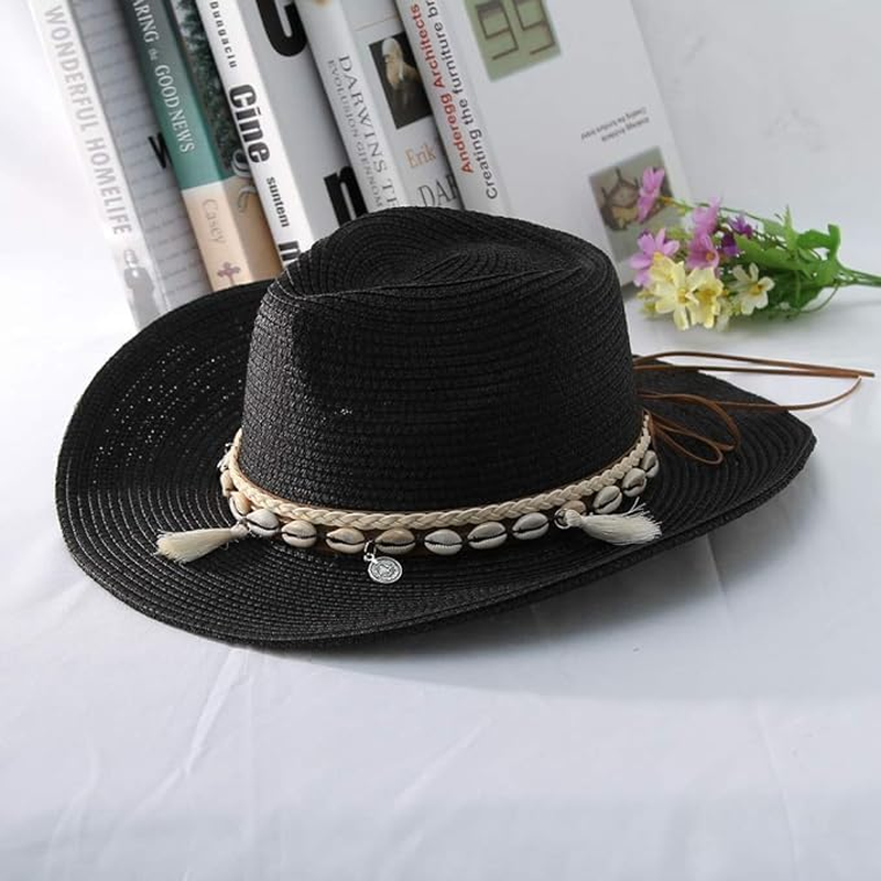 Women Men&rsquo;S Cowboy Hat Western Summer Straw Hat for Girls with Wide Brim & Shell Tassels Trendy Lady Beach Sun Hats image number 4