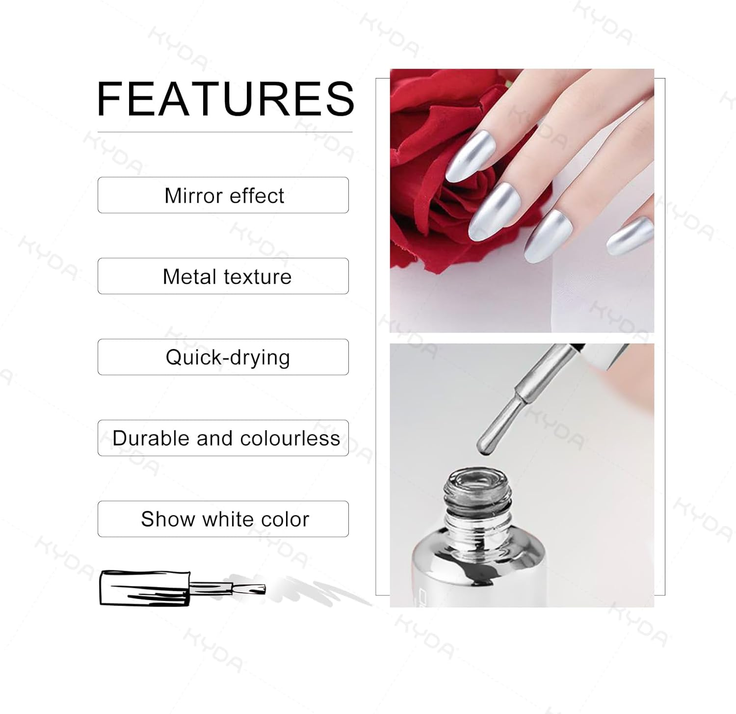 KYDA 18Ml Gold Mirror Nail Polish, Bright Glossy Mirror Polish for Nails Art, Longlasting Shine Metallic Effect Nails Art, Gorgeous Reflective Manicure Nail Lacquers-Silver, 0.61 Fl Oz - A-Gold image number 2