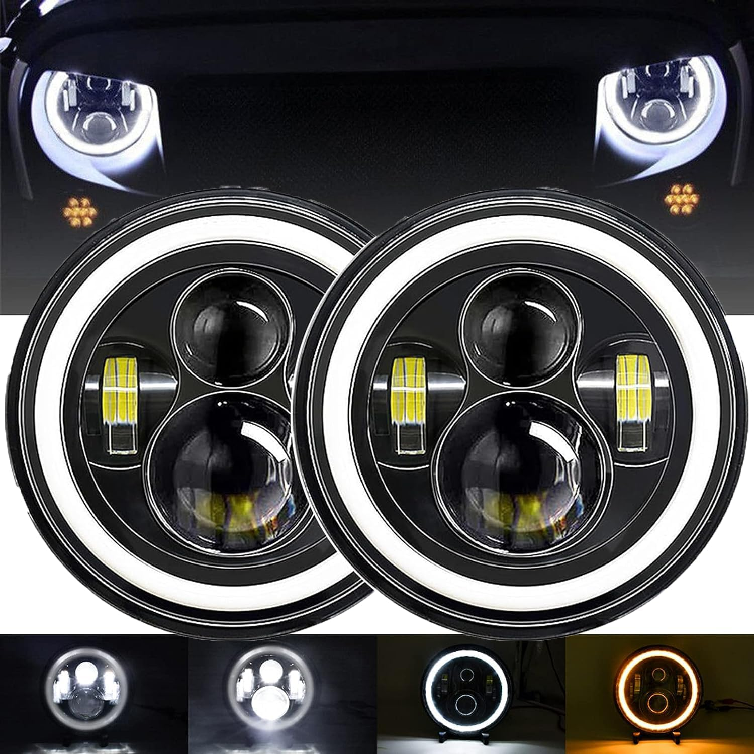 Aumotop 7 Inch round Jeep Led Headlights, 7'' High Low Beam Headlight Cars Halo Light,Angel Eyes DRL Amber Turn Signal Lights Compatible with Jeep Wrangler JK TJ LJ Hummber H1 H2 Motorcycle image number 5