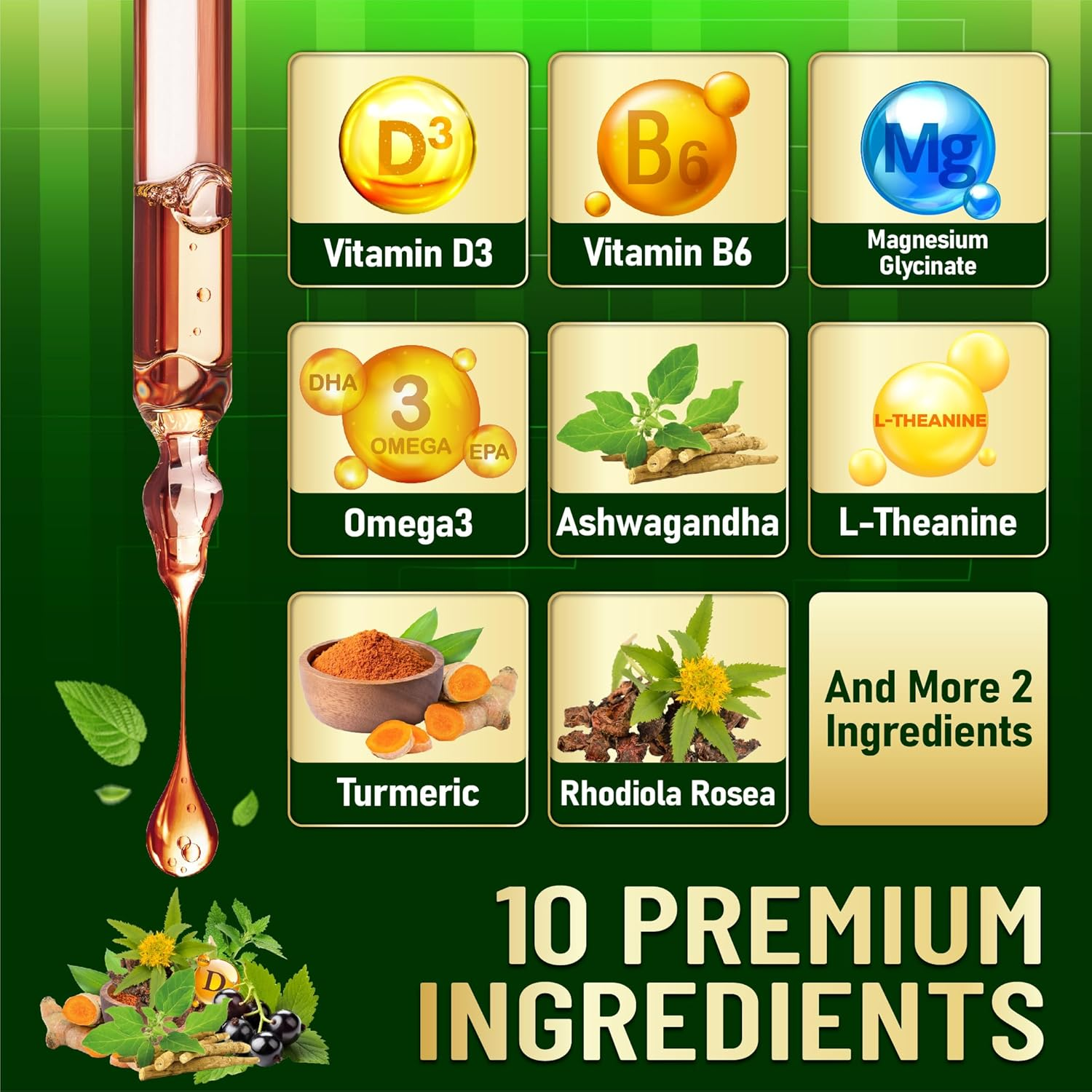 10In1 Magnesium Glycinate Liquid Drop with Omega-3, Vitamin D3, Vitamin B6, Ashwagandha, L-Theanine, Turmeric, Rhodiola Rosea, Elderberry, Lemon Balm - 1 FL Oz - 30 Days Supply image number 3